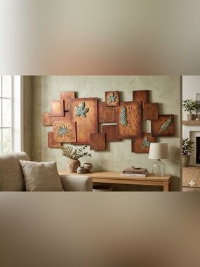 3D Rustic Metal Wall Art Panel Green Leaf Patina Large Home Decor
